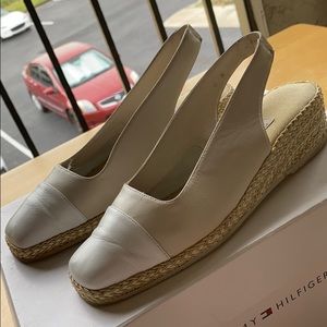 Ivory and white summer slip on block heels